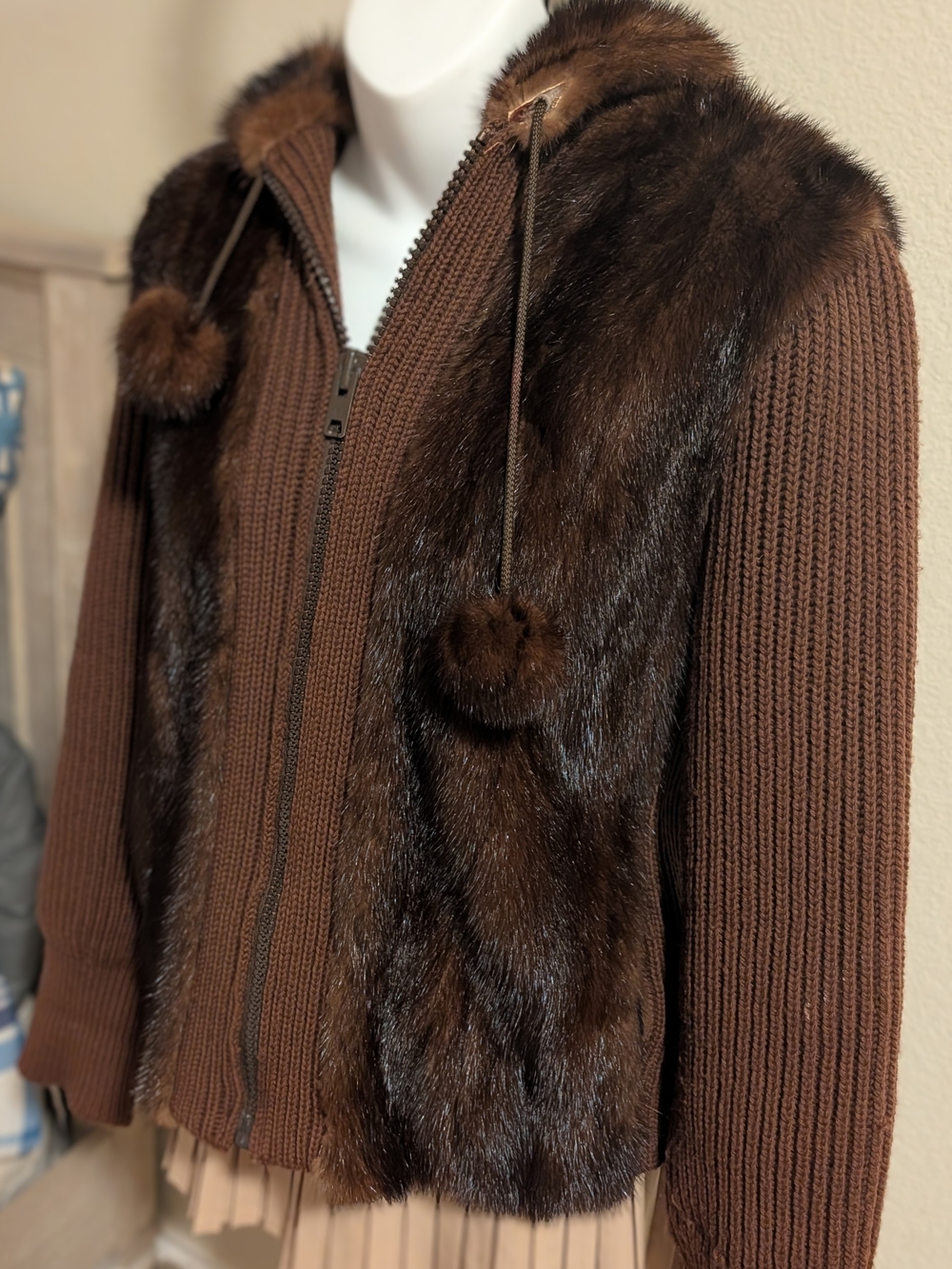 Vintage Mink Hoody Fur-Trim Zip Sweater Jacket